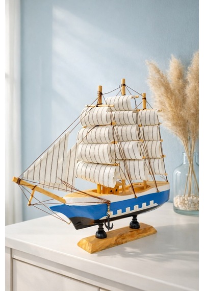 Dekoratif Premium Ahşap El Yapımı Yelkenli Gemi Maketi Ev Ofis Masa Üstü Biblo 24 X 24 Cm Mavi 529-c 24 Cm