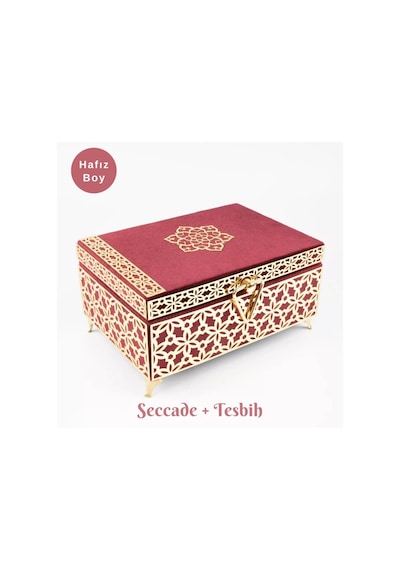 Desenli Kutu Çeyizlik, Seccade + Tesbih + Kuran Hediye Seti Hafız Boy, Kadife, Bordo, Elif-vav Bordo