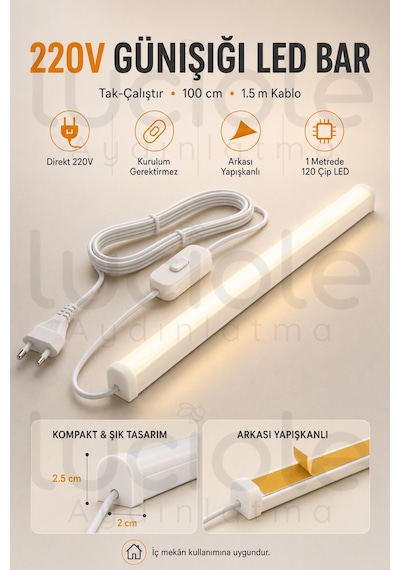 220v Günışığı Led Bar 100 Cm Fişli Anahtarlı Yapışkanlı Tezgah Altı Dolap İçi Aydınlatma