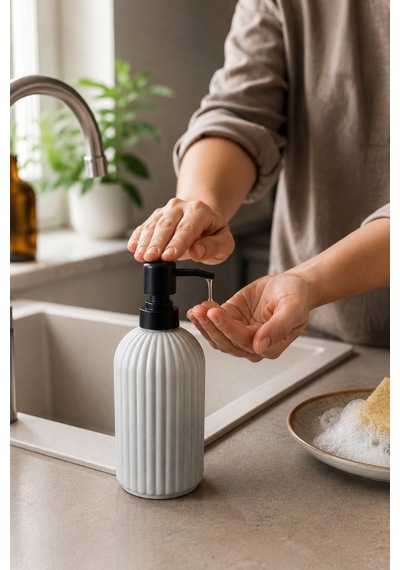 Vovy Çizgili Cam Sabunluk 500 Ml Siyah Pompalı Modern Sıvı Sabun Ve Deterjan Dispenseri - 18,5 Cm X 7 Cm Açık Gri