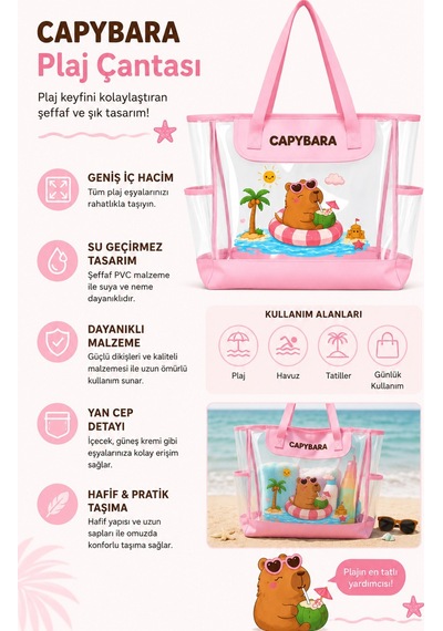 Capybara Lisanslı Figürlü Plaj Çantası Şeffaf Yüzeyli, Geniş Hacimli Pembe