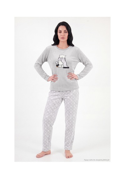 Lela Desenli Yumuşak Dokulu Uzun Kollu Pijama Takımı Kadın Pijama Takımı 6575016 Gri