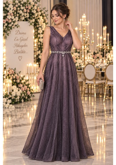 Gül&can Butik Mor Işıltılı Taş Detaylı Abiye Elbise Mor