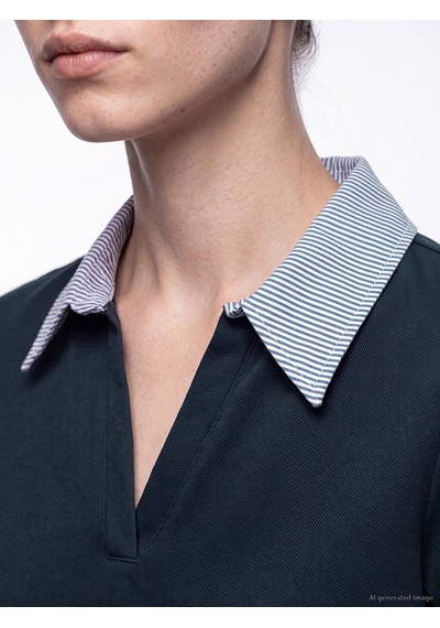 Lcw Comfort Lacivert Polo Yaka Çizgili Kadın Tişört