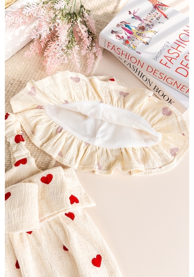 Babymod Şapkalı Kalp Desenli %100 Pamuk Yazlık Kız Bebek Tulum Set Takım Kırmızı