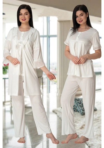 Amora Fancy Clothing Effortt 4074 Kolları Volanlı Sabahlıklı Lohusa Pijama Takımı Ekru