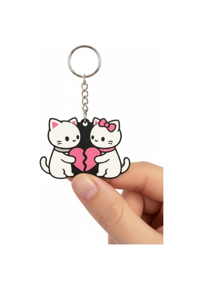 Kalp Tutan Kedi Figürlü Çift Anahtarlık