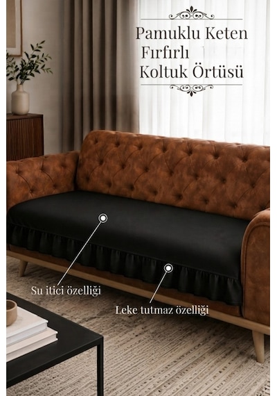 Lüx Fırfırlı Koltuk Örtüsü Bohem Pamuklu Keten Leke Tutmaz Su İticili Koltuk-çekyat Örtüsü Siyah