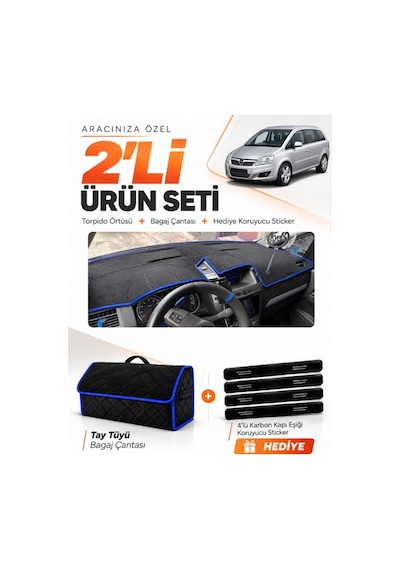 E-biz Opel Zafira B 2004-2011 Uyumlu Torpido Örtüsü + Tay Tüyü Bagaj Çantası - Siyah-mavi - Op018