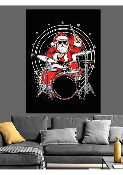 Ahşap Tablo Bateri Çalan Neşeli Noel Baba