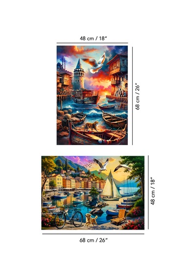 2 Adet 1000 Parça Puzzle - Galata Kulesi Manzaralı Ve Limanda Sakinlik Yapboz 68x48 Cm