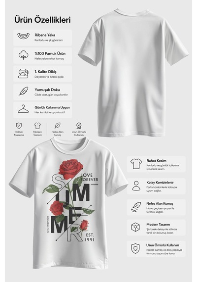 Spoyi Rose Forever Tasarımlı %100 Pamuk Yarım Oversize Beyaz T-lhirt