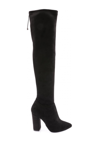 Dgn 01 Kadin Strech Detayli Sivri Burun Knee High Topuklu Çizme Siyah Süet