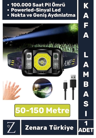 Premium Kamp Avcı Balıkçı Deprem 50-150 Metre Mesafeli Sinyal Led Şarjlı Powerled Kafa Lambası Çok Renkli