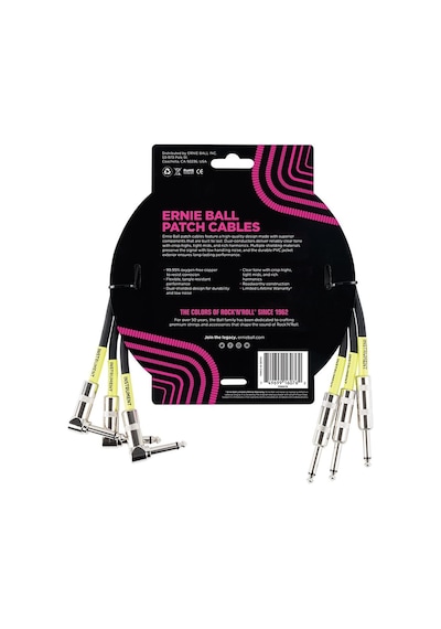 Ernie Ball Düz/açılı Yama Kabloları 18" 3'lü Paket Siyah