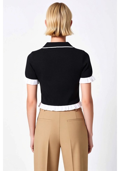 Benerly Kadın Bluz Polo Yaka Kısa Kol Volan Detaylı Crop Boy Renk Bloklu siyah