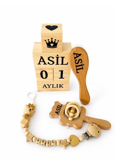 Kişiye Özel İsimli-emzik Zinciri Emzik Askısı-bebek Çıngırak-bebek Saç Fırçası Keçi Kılı-bebek Anı Küpü Tekstil Boyalı-setimmiz Full Ahşap Set Olup %100 Doğal Organik Ahşaptır-bebek-hediyelik-
