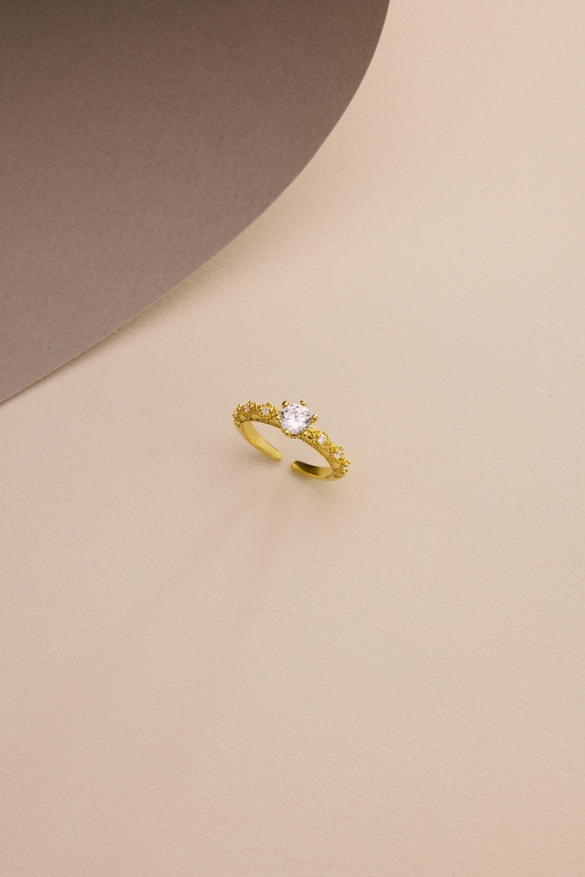 925 Ayar Gümüş Ayarlanabilir Gold Kaplama Zirkon Taşlı Tektaş Yüzük Altın