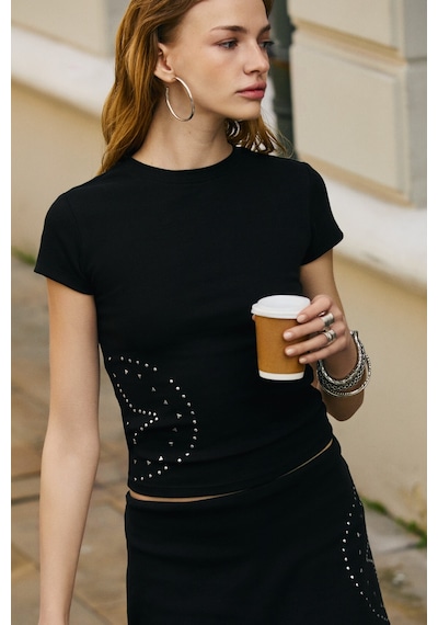 Grimelange Alvona Kadın Yumuşak Ve Esnek Kumaşlı Taş Baskılı Slim Fit Siyah Alt-üst Takım