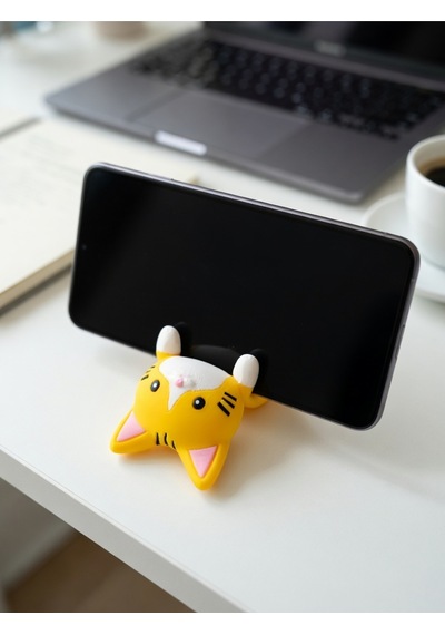 Sarı Kedi Figürlü Telefon Tutucu Stand - 3d Baskı Ofis Masaüstü Aksesuarı Ve Biblo
