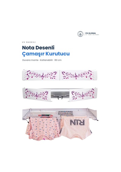 Fd Global Nota Desenli Duvara Monte Katlanır Çamaşır Kurutma Askısı 80 Cm Balkon Askılık Beyaz Beyaz