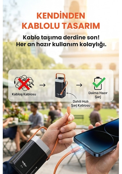 40.000 Mah Hızlı Şarj Powerbank Kamp Işığı Güçlü El Feneri Kablolu Göstergeli Taşınabilir Batarya Siyah