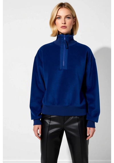 Benerly Kadın Dik Yaka Düşük Kol Fermuar Detaylı Polar Sweatshirt Fonksiy Lacivert
