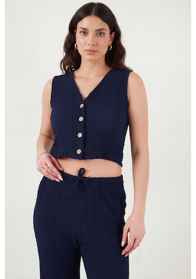 Lela Regular Fit V Yaka Yelek-pantolon Gofre Takım Bayan Takım 5866484 Lacivert