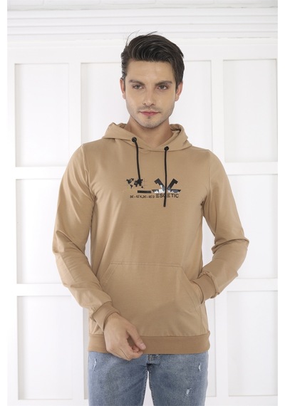 Escetic Spor Erkek Koyu Vizon Cepli, Kapüşonlu Sweatshirt-4177
