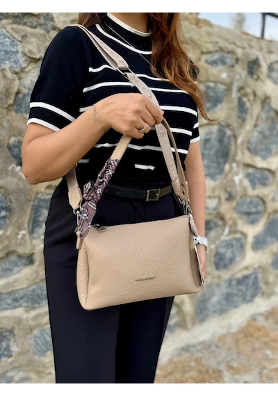 Kadın Orijinal Just Polo Yumuşak Deri Şal Detaylı Ayarlanabilir Askılı El Ve Omuz Çantası Shopper Bej