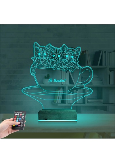 Luvivia Kedi Fincan Tasarım Kişiye Özel 3d Lamba - Masa Gece Lambası Şeffaf