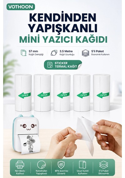 Kendinden Yapışkanlı Çocuk Kamera Baskı Kağıdı, 5'li Rulo 57x25mm Baskı Termal Kağıt Rulo