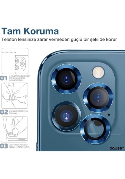 Apple Uyumlu   iPhone 14 Pro Max Kamera Koruyucu Lens Mercek Metal Çerçeveli 3lü Set Mavi Blue
