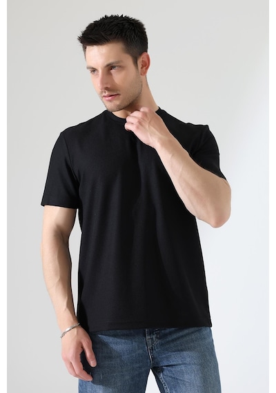 Erkek Fitilli Slim Fit Bisiklet Yaka Düz Renk T-shirt Siyah