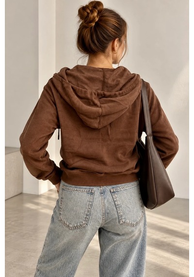 Bb Butik Basic Selanik Dokulu Fermuarlı Kapüşonlu Kadın Sweatshirt My3535 Kahverengi