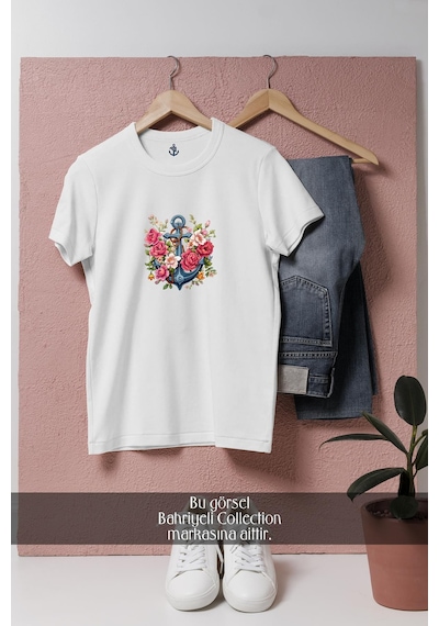 Oversize Çiçekli Çıpa - Çapa Tasarımlı Unisex T-shirt Beyaz