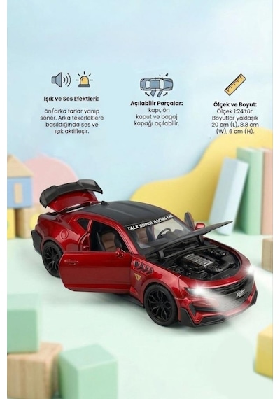 Işıklı Sesli Pilli 1:24 Ölçekli Metal Chevrolet Camaro Kapısı Kaputu Ve Bagajı Açılan Model Araba Kırmızı