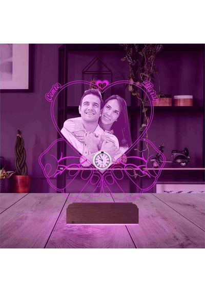 Luvivia Kalp Sevgiliye Hediye Fotoğraflı Metal Saatli 3d Lamba - Masa Gece Lambası