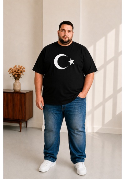 Sngl Tekstil Erkek Büyük Beden Ay Yıldızlı Tişört 3xl 4xl 5xl 6xl 7xl 8xl 9xl Siyah