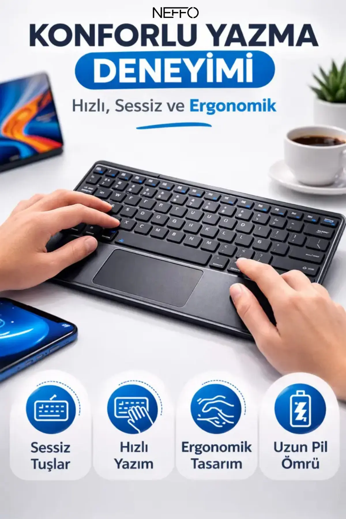 Touchpadli Kablosuz Klavye Sessiz Tuş Bilgisayar Tablet