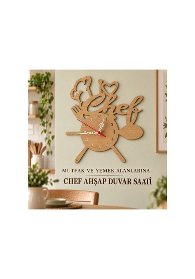 Chef Detaylı Sessiz Mekanizma Ahşap 27x30 Cm Duvar Saati Restoran, Mutfak İçin İdeal Lüx Duvar Dekoru Saat