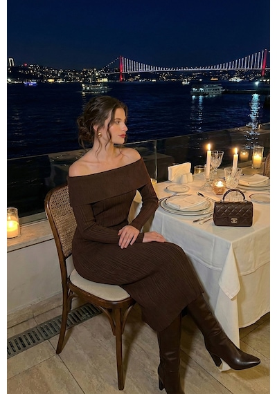 Lela Premium Fitilli Carmen Yaka Slim Fit Midi Boy Triko Bayan Elbise 680El00033 Kahve Lela Premium Fitilli Carmen Yaka Slim Fit Midi Boy Triko Bayan Elbise 680El00033 Kahve