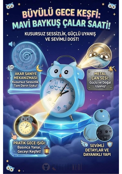 Kaktüskedi Sevimli Baykuş Figürlü Metal Çocuk Masa Saati, Sessiz, Alarmlı, Gece Işıklı, Mavi Diğer