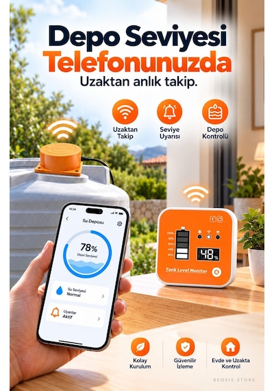 Wifi Ekranlı Akıllı Su Seviyesi Ölçer Fonri, Tuya, Smart Life, Google Assistant, Amazon Alexa Deste