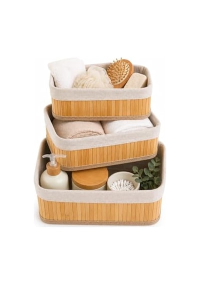 Bambu Organizer Sepet 3 Lü Set Kumaş Kaplı Dekoratif Saklama Kutusu, Çok Amaçlı Düzenleyici Banyo, Mutfak, Dolap Açık Ahşap