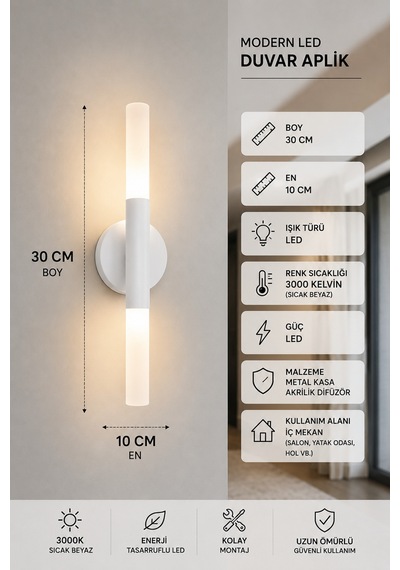 Modern Led Duvar Aplik 30 Cm Beyaz 3000k Sıcak Beyaz Led Metal Gövde Dekoratif İç Mekan Aydınlatma Beyaz Beyaz