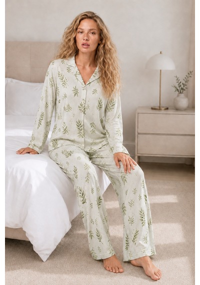 Kadın Casual Esnek Bol Çağla Pijama Takımı 4669 Çağla Yeşili