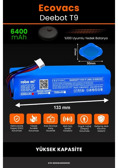Ecovacs Deebot T9 Uyumlu 6400mah Robot Süpürge Bataryası - Yüksek Kapasite