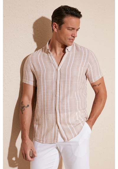Buratti Çizgili Pamuklu Slim Fit Kısa Kollu Erkek Gömlek Cf23S116097 Taş