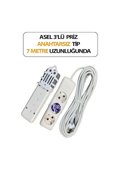 Üçlü, Topraklı, Klemensli, Kablo 7 Metre Uzunluğunda, Askı Aparatlı Grup Priz Anahtarsız Model 3